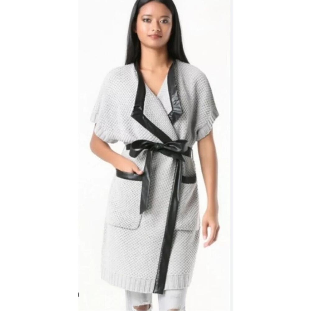 BEBE Faux Leather Insert Belted Sleeveless Sweater Coat Cardigan, One Size